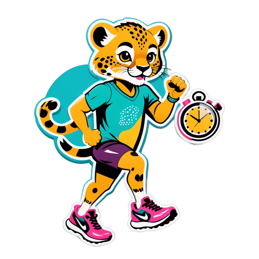 A cheetah with a running shoe in its left hand and a stopwatch in its right hand sticker