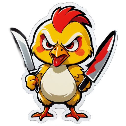 un pollito de gallina enojado y letal sosteniendo una enorme pegatina de cuchillo sticker