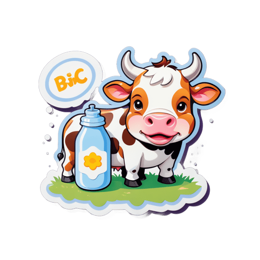 A cow with a bell in its left hand and a milk bottle in its right hand sticker