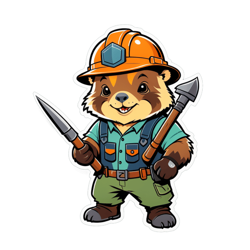 A wombat with a miner helmet in its left hand and a pickaxe in its right hand sticker