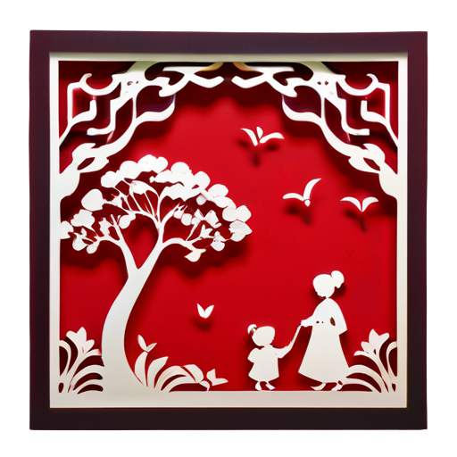 this paper cut is a chinese traditional folk art, inchinese theme, flat, all red paper, minimalism, luxurious wall hangings, square, precisionist lines and shapes,under the ginkgo tree, grandchildren and grandmother,admiring ginkgo, low details sticker