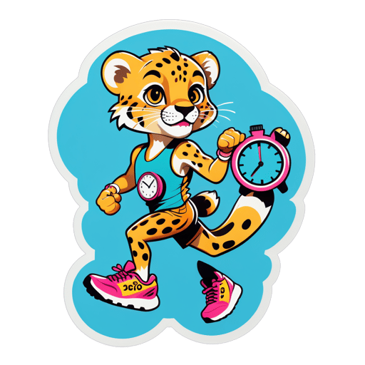 A cheetah with a running shoe in its left hand and a stopwatch in its right hand sticker