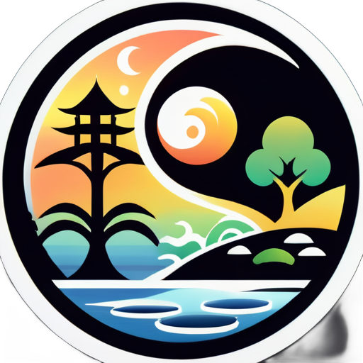 Generar una imagen de logotipo que represente un diseño de Bagua Yin Yang, que incluya elementos como el sol, la luna, árboles, edificios altos y lagos, con un estilo de dibujo muy claro y conciso. sticker