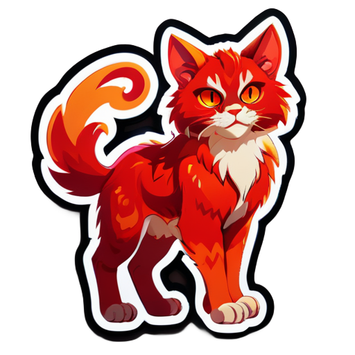 a cat-Aries is depicted in red tones, with fiery eyes and fur resembling flames. It stands on its hind legs, ready for battle, and looks very confident. It also has horns on its head. sticker