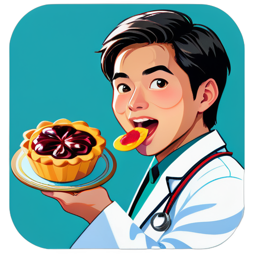 An Asian young doctor eats a Portuguese tarts sticker