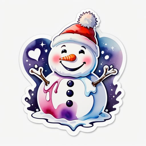 A watercolor painting of a snowman melting into a heart shape. sticker