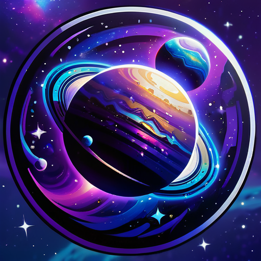 A cosmic sticker featuring a detailed planet with rings, surrounded by stars, The background is a dark glows with vibrant hues of purple and blue, vibrant colors, cosmic art style, detailed textures, luminous effects, deep space atmosphere, ethereal light sticker