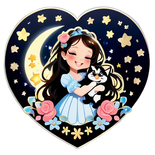 Smiling Sarah Brightman singing with her cat. Flowers and stars surround the heart. Exquisite details. sticker