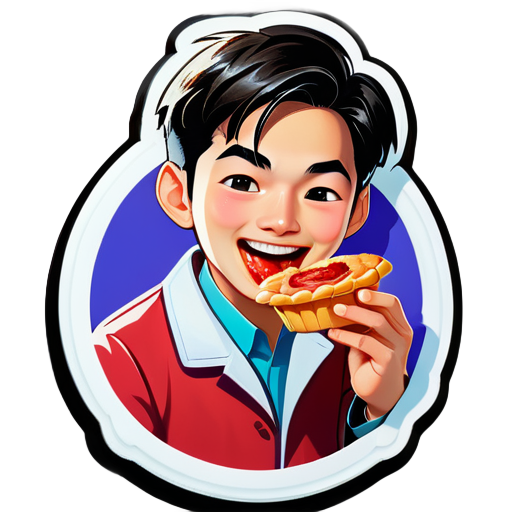 An Asian young doctor eats a Portuguese tarts sticker