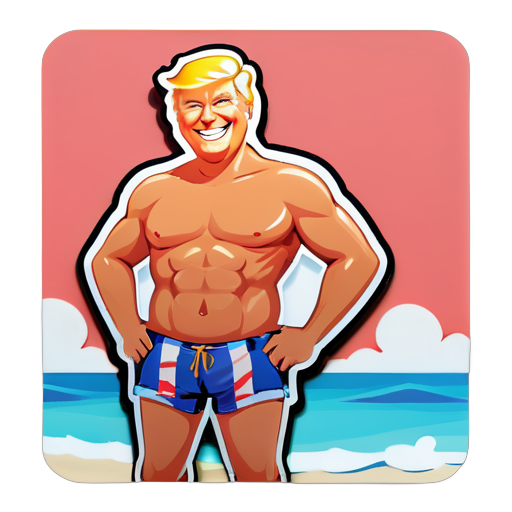 Trump on a beach with his shirt off smiling sticker