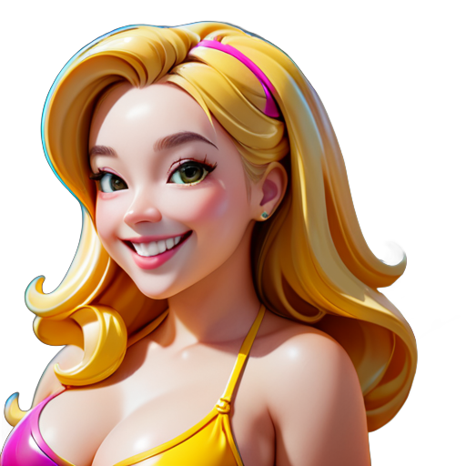 hyper realistic, ultra UHD 4K resolution, high contrast color, curvy smile girl, golden hair, wearing bikini, in palace, 3d render sticker