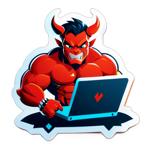 coding devil với cơ bắp lớn và laptop sticker