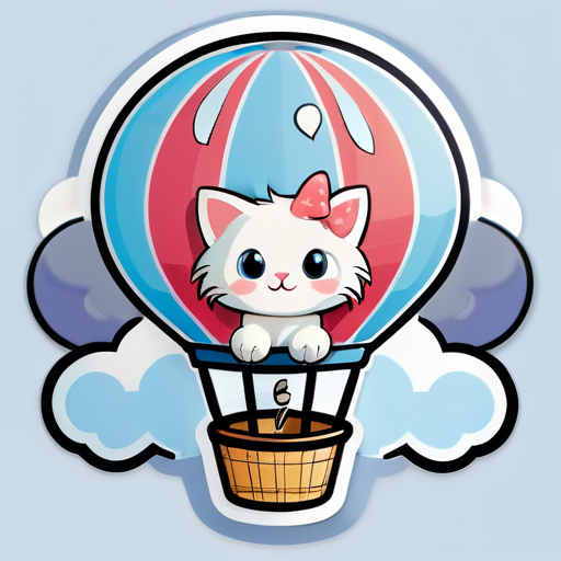 Gatinho no Balão de Ar Quente: Um gatinho aventureiro voando em um balão de ar quente decorado com nuvens fofas e um céu azul claro. sticker