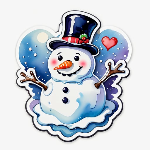 A watercolor painting of a snowman melting into a heart shape. sticker