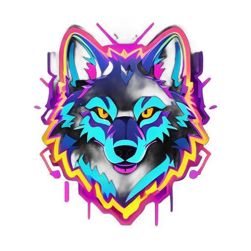 Une silhouette de loup éclairée au néon aux couleurs vibrantes, avec des contours lumineux et des accents brillants. Le texte "Neon Wolf Gaming" est stylisé avec des effets néon, créant une ambiance futuriste et électrisante. sticker