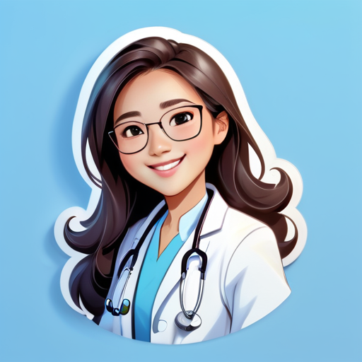 Utiliser une image cartoon de femme médecin chinoise comme avatar, portant une tenue de médecin formelle ou une blouse blanche, souriante, avec de longs cheveux ondulés, un stéthoscope autour du cou, les mains croisées sur la poitrine, des lunettes, montrant confiance et empathie. Le fond de la photo est de couleur bleu clair. sticker