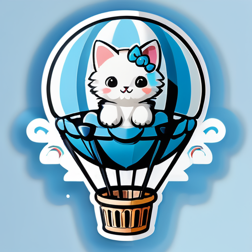 Gatinho no Balão de Ar Quente: Um gatinho aventureiro voando em um balão de ar quente decorado com nuvens fofas e um céu azul claro. sticker