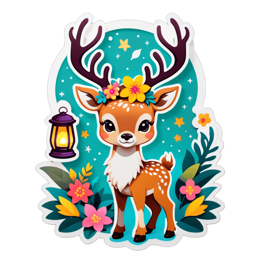 A deer with a flower crown in its left hand and a lantern in its right hand sticker