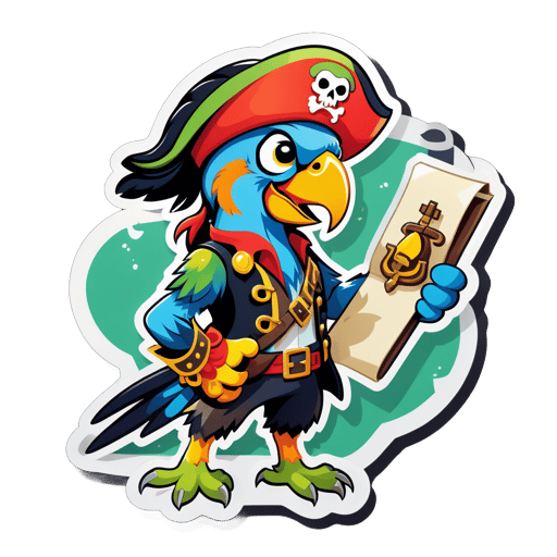 A parrot with a pirate hat in its left hand and a treasure map in its right hand sticker