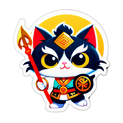 罗小黑 tient une trident. 罗小黑 est un chat avec de grands yeux. sticker