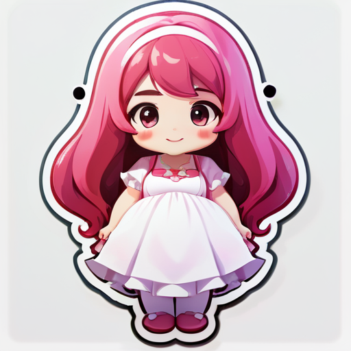 A cute little girl, SSBBW, anime, pink long hair, white dress,happy sticker