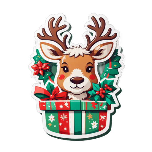 Un renne avec une couronne de Noël dans sa main gauche et une boîte cadeau dans sa main droite sticker