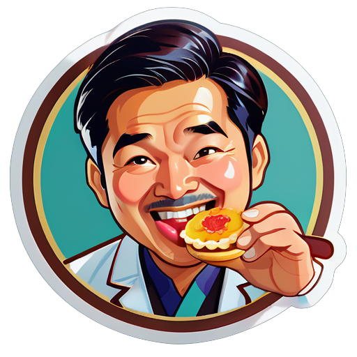 An Asian doctor eats a Portuguese tarts sticker