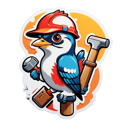 A woodpecker with a hard hat in its left hand and a hammer in its right hand sticker