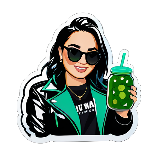 Demi lovato wearing a black jacket with sunglasses holding a jar of pickles  sticker