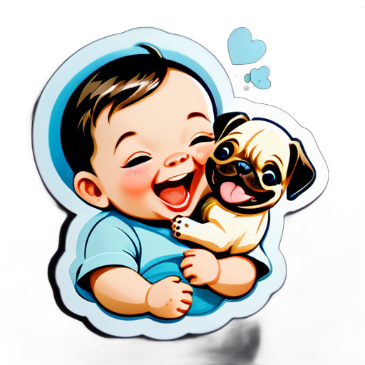 Laughing baby holding a pug puppy
 sticker