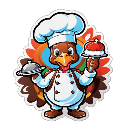 Un pavo con un gorro de chef en su mano izquierda y un temporizador de cocina en su mano derecha sticker