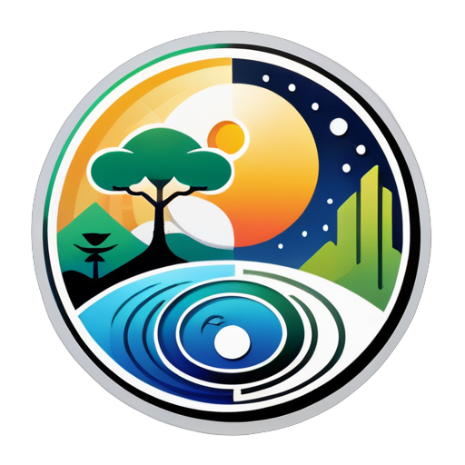 Create a logo image composed of the Yin and Yang Bagua, including elements such as the sun, moon, trees, tall buildings, and lakes, with a very simple and clear style. sticker