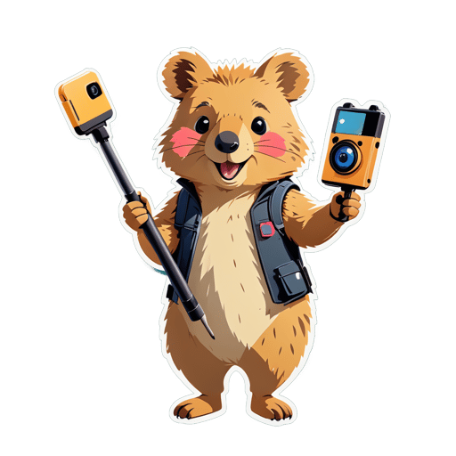 Un quokka avec un perche à selfie dans sa main gauche et un appareil photo dans sa main droite sticker