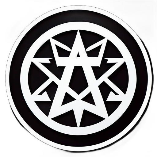 Circular pattern, black background with white text, a pentagram inside the circle, with a white 'zhèng' character in the middle sticker