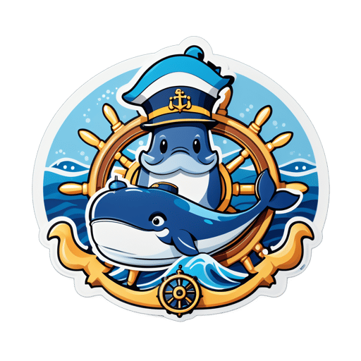 A whale with a sea captain hat in its left hand and a ship wheel in its right hand sticker