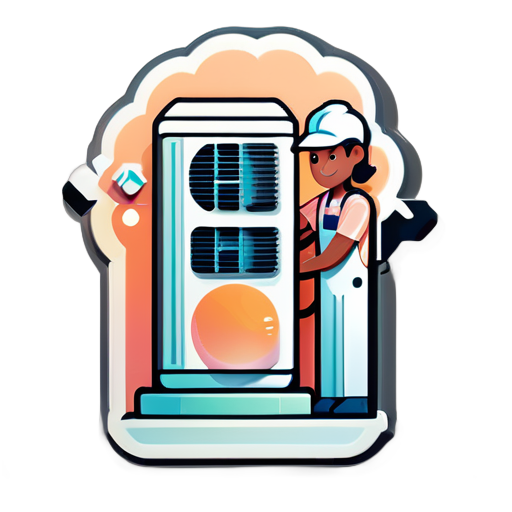 2 engineers repairing an air conditioner, peach colors, clipart style sticker