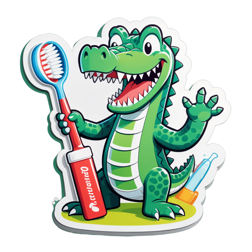 Um crocodilo com uma escova de dentes na mão esquerda e um tubo de pasta de dente na mão direita sticker