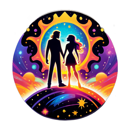 In the cosmic background, there are two suns and several stars. Each sun has a person standing on it, and the two people are facing each other. Each person is surrounded by colorful flames. One man and one woman. sticker