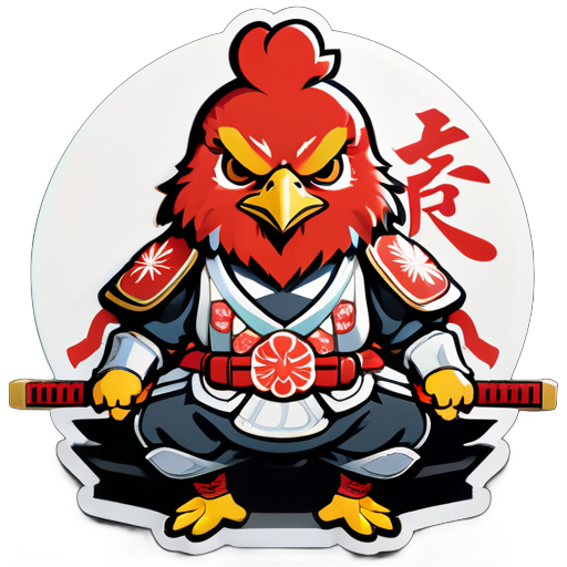 Galinha vestindo a armadura de um general japonês, meditando, sentada com as pernas cruzadas no estilo japonês. Duas espadas estão amarradas à cintura. Expressão facial séria e ameaçadora. sticker