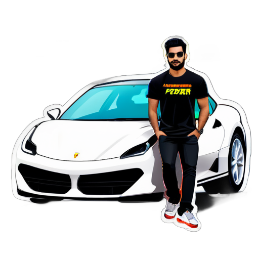 a man sitting on ferrari car and work with laptop and wearing black t shirt and his name waqar haider is written on his shirt back
 sticker