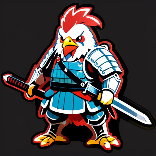 A chicken wearing the armor of a Japanese general, holding two long swords, with scars on its face, in a tired state from battle, and with multiple bleeding wounds on its body sticker