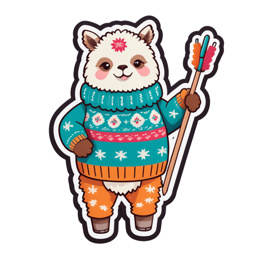 An alpaca with a woolly sweater in its left hand and knitting needles in its right hand sticker