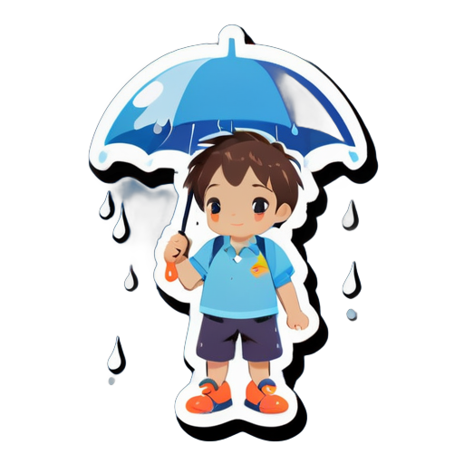 A little boy holding an umbrella, with a small cloud above the umbrella, raining blue. sticker