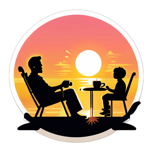 Estoy sentado en una mecedora disfrutando del atardecer con una taza de café y mi familia a mi alrededor. sticker