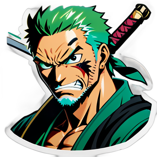 Zoro, olhar feroz e espadas desembainhadas, enfrenta provações de valor, lealdade e força em meio a aventuras épicas por terras perigosas. sticker