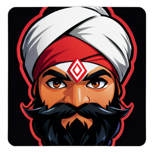 Sikh ninja au turban rouge avec une barbe noire appropriée et des yeux noirs ressemblant à un ninja gamer, portant correctement un pagne de Wattaan. sticker