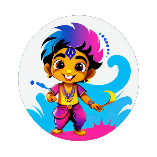 tạo một bức ảnh Krishna với một cậu bé tên Aman đang chơi holi sticker