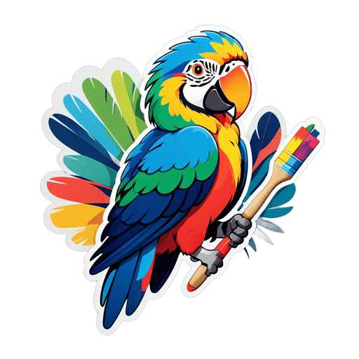 A macaw with a paintbrush in its left hand and a color palette in its right hand sticker