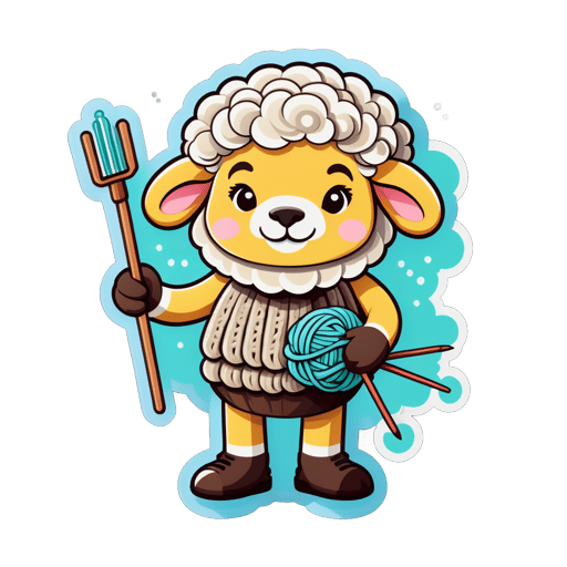 A sheep with a wool skein in its left hand and knitting needles in its right hand sticker