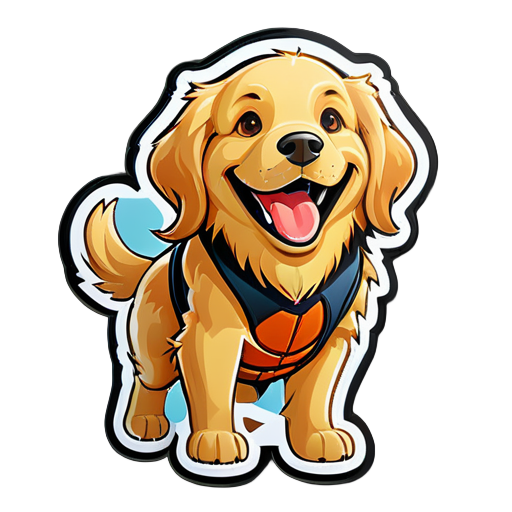 Happy golden retriever with a basketball sticker